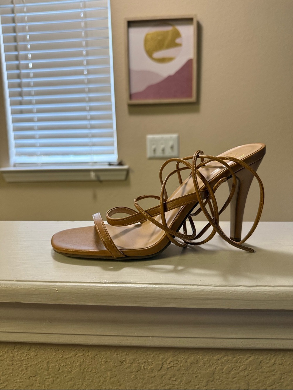 Delicious Tan Lace-Up Stiletto Sandal with Wrap Straps